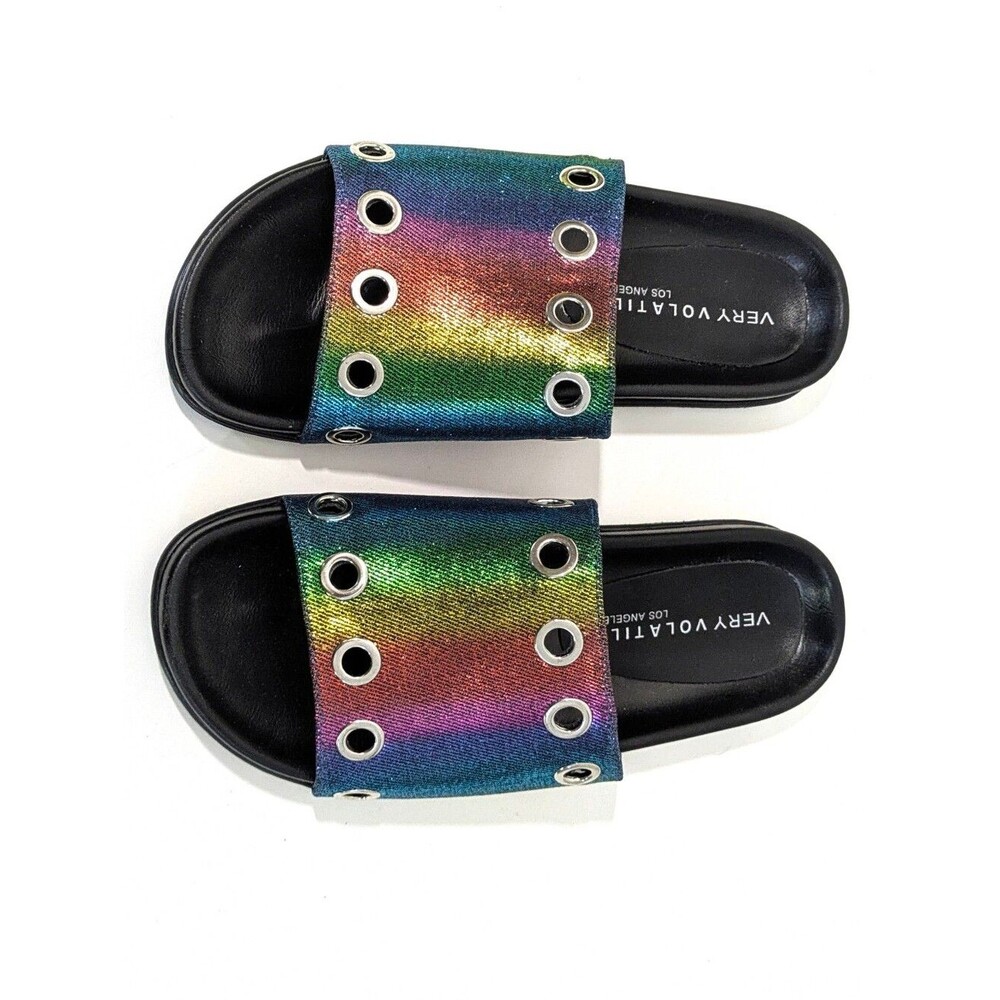 NEW Very Volatile Lenny Rainbow Shiny Sparkly Slides / Sandals - Size 7 Womens